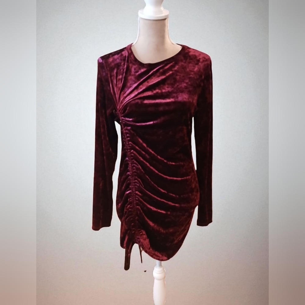 Crushed Velvet Ruched Drawstring Assymetric Stretch Dress Vamp Dark Romantic